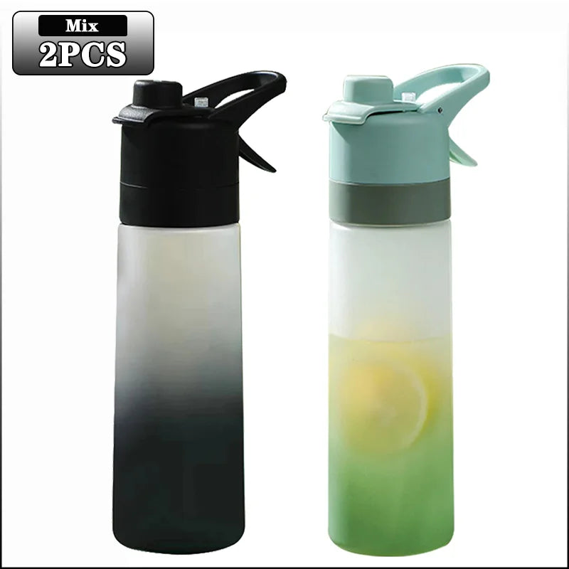 1-4PCS Large Capacity Spray Water Bottle with Straw Gradient Frosted Portable Outdoor Sports Travel Mist Sprayer Reusable Cup Oasis Select 650ML Black-Green-2PCS