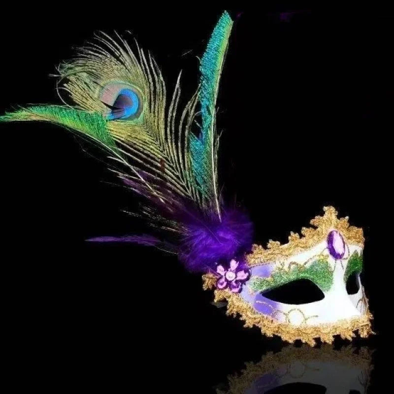 Masquerade Mask Women Peacock Feather Mask Mardi Gras Mask Fashion Blue Green Metal Shiny Rhinestone Halloween Party Oasis Select