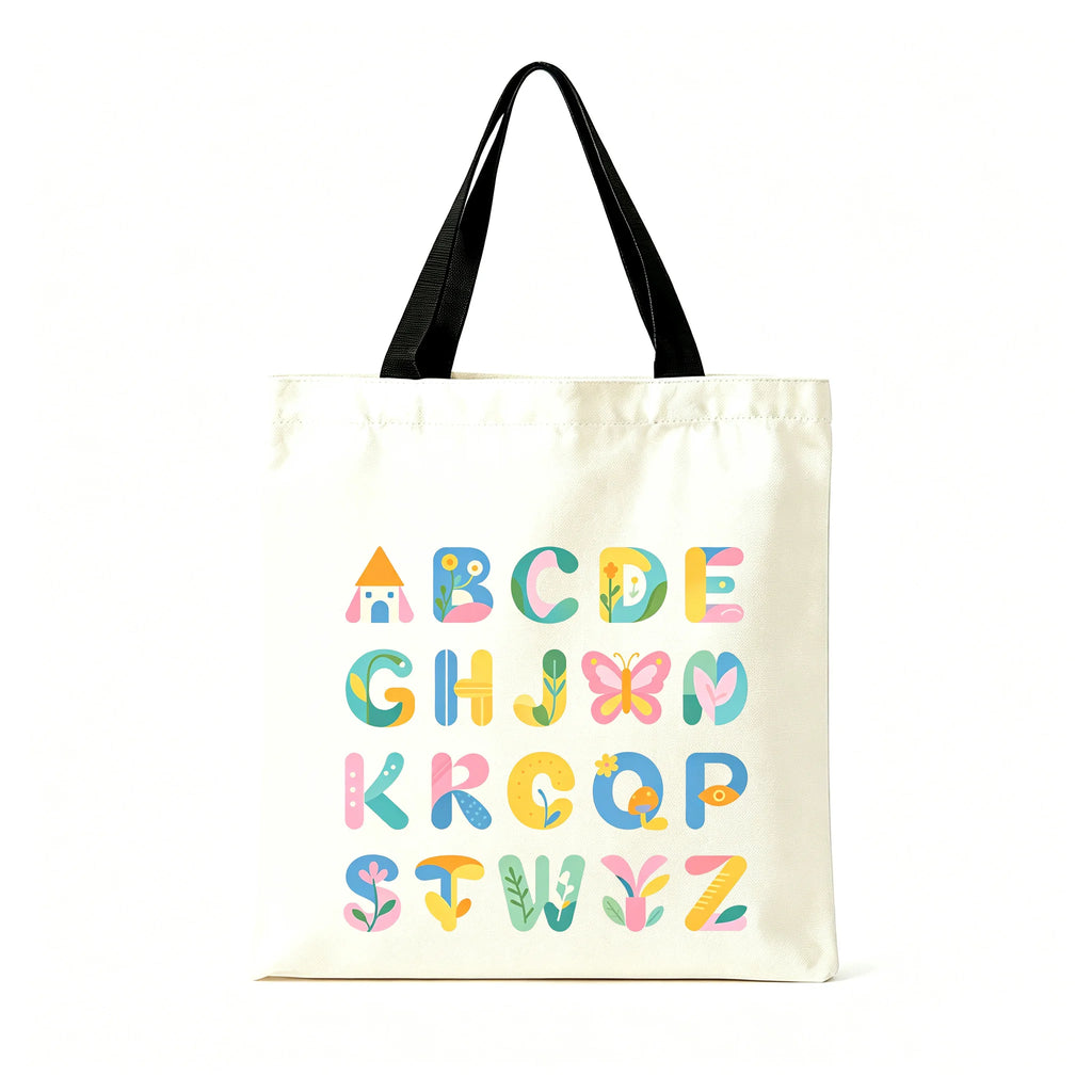 Colorful ABC Print Canvas Tote Bag Large Eco Reusable Shoulder Bag Student Teacher School Shopping Bag Oasis Select Black 30 40cm