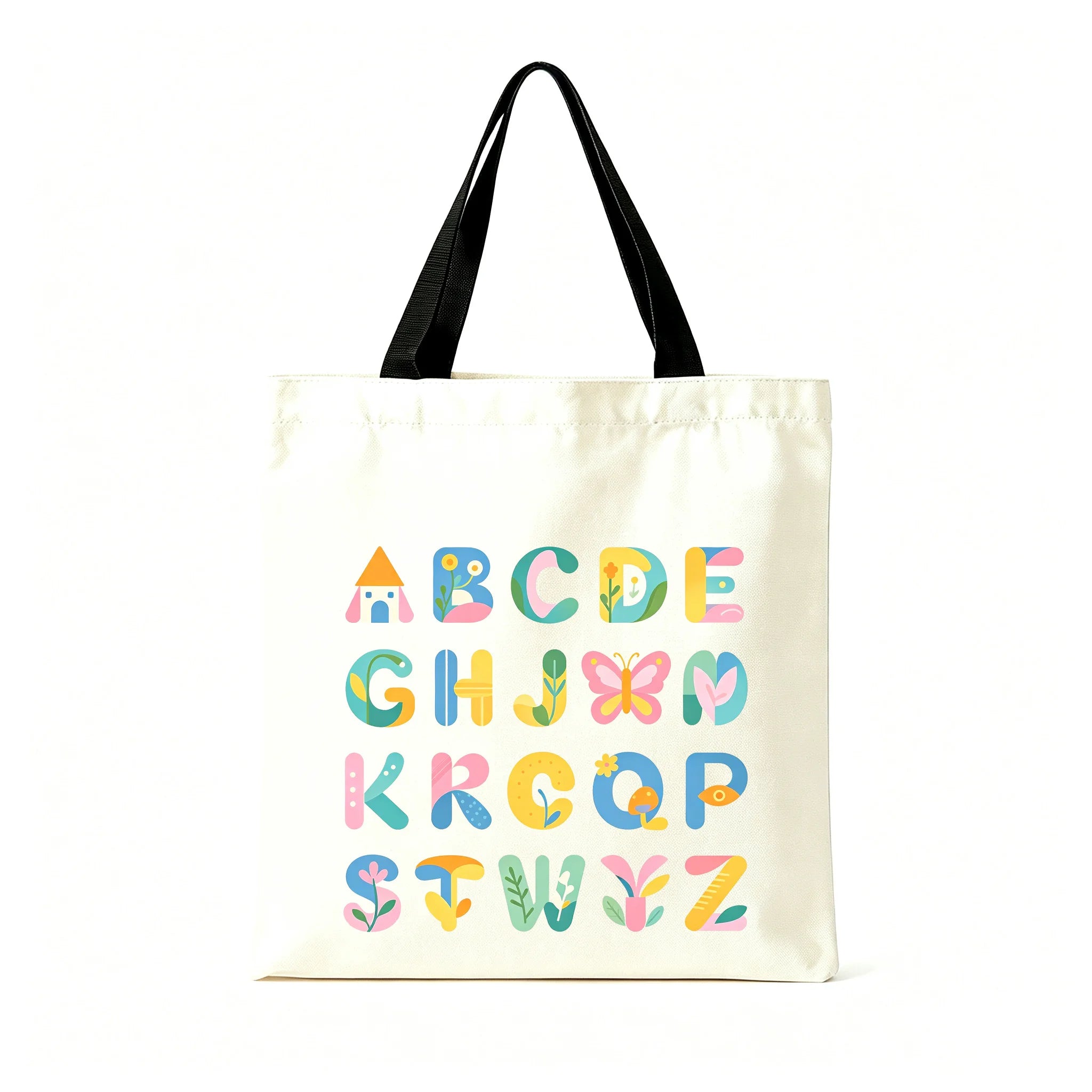 Colorful ABC Print Canvas Tote Bag Large Eco Reusable Shoulder Bag Student Teacher School Shopping Bag Oasis Select Black 30 40cm