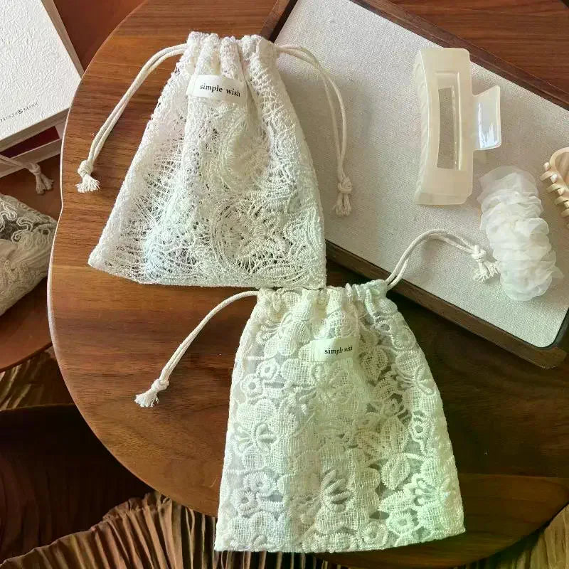 Vintage Lace Drawstring Bag | Travel Organizer for Cables & Cosmetics