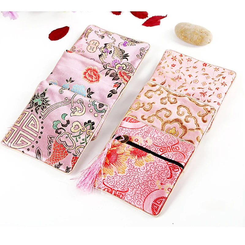 Chinese Brocade Jewelry Storage Bag Handmade Silk Embroidery Padded Small Zipper Tassel Jewelry Organizer Pouch Satin Gift Bag Oasis Select F Other