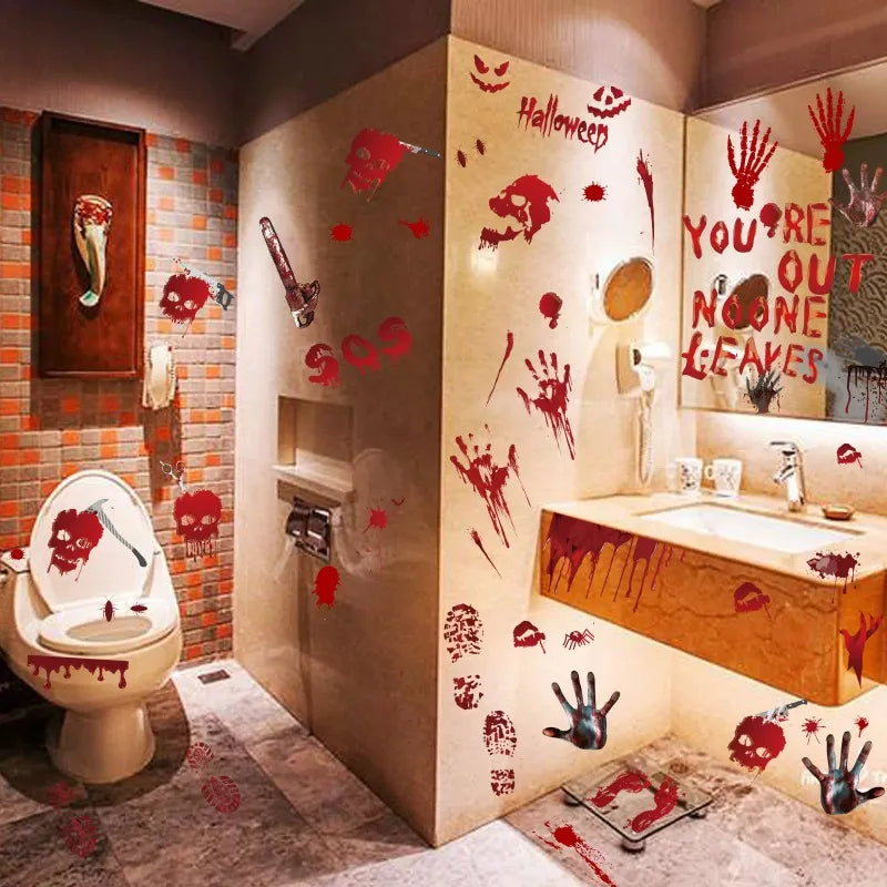 New Halloween Decoration Horror Bloodstain Wall Sticker Handprint Blood Skull Window Sticker Halloween Party Sticke Decor Oasis Select