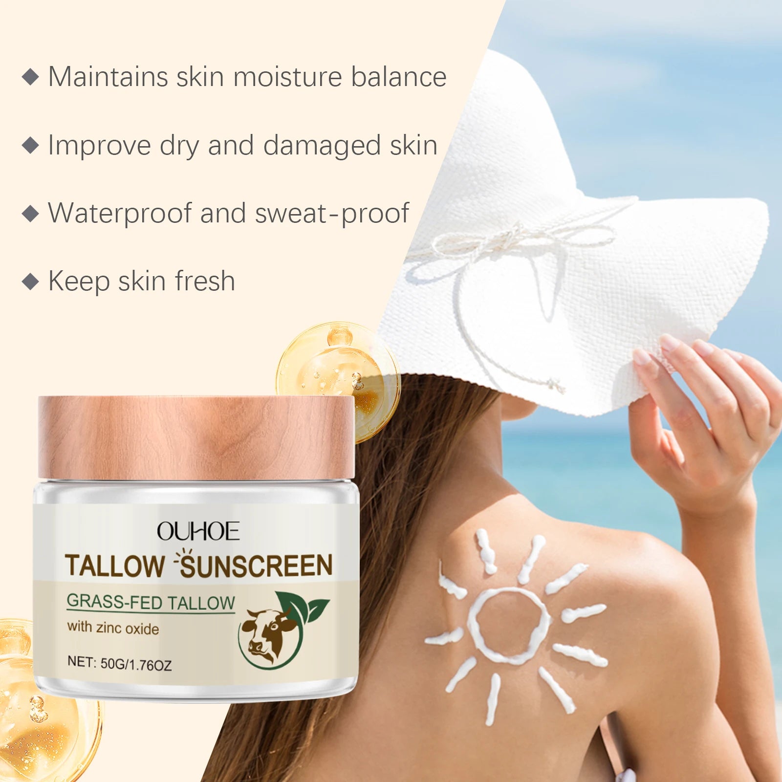 50G Sunscreen Tallow Balm Deep Moisturizing Prevent Sunburn Lightweight Refreshing Non-greasy Outdoor Skin Protection Cream Oasis Select