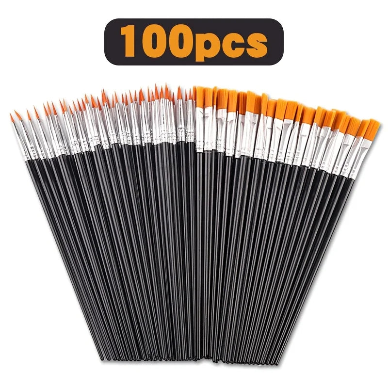 100pcsPainting Brushes Set Art Round Flat Hair Nylon Hair Paint Brush for Oil Acrylic Watercolor Kids/Artists/Beginners/Students Oasis Select