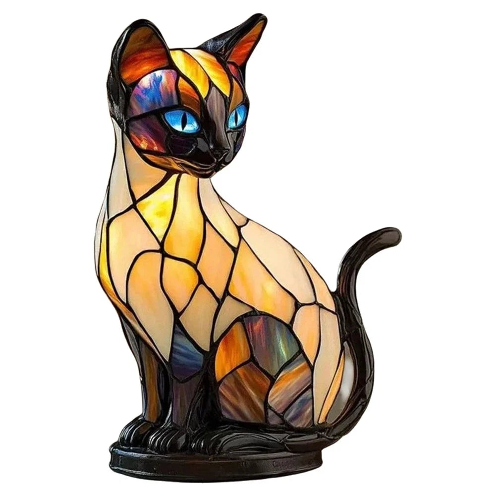 Cute Cat Lamp Stained Glass Retro led Stained Resin Tabletop Night Light bedroom Atmosphere Lights Gift For Dog Cat Lovers Oasis Select Multicolor