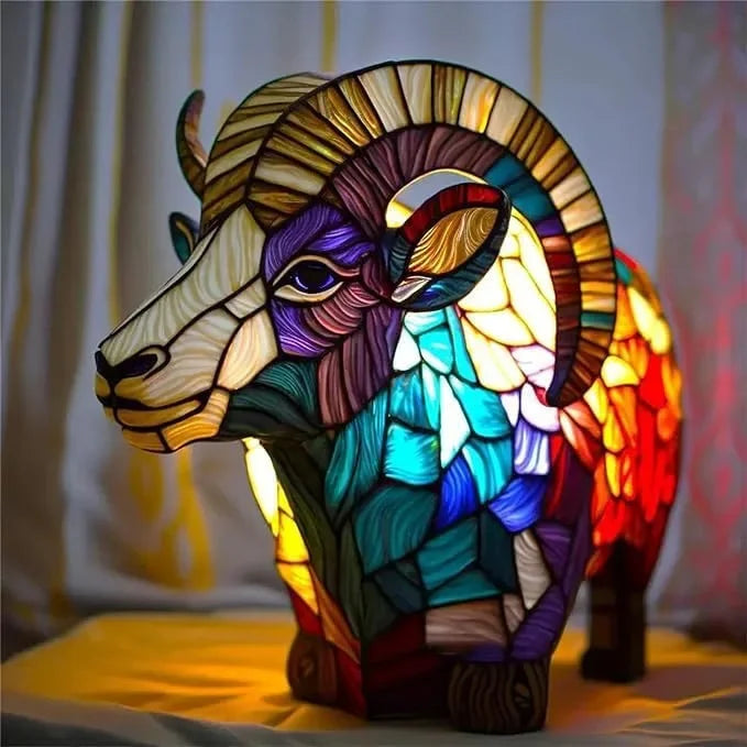 Resin Stained Glass Animal Table Light Night Light Owl Horse Rooster Elephant Table Lamp for Living Room Home Bedroom Decoration Oasis Select Goat