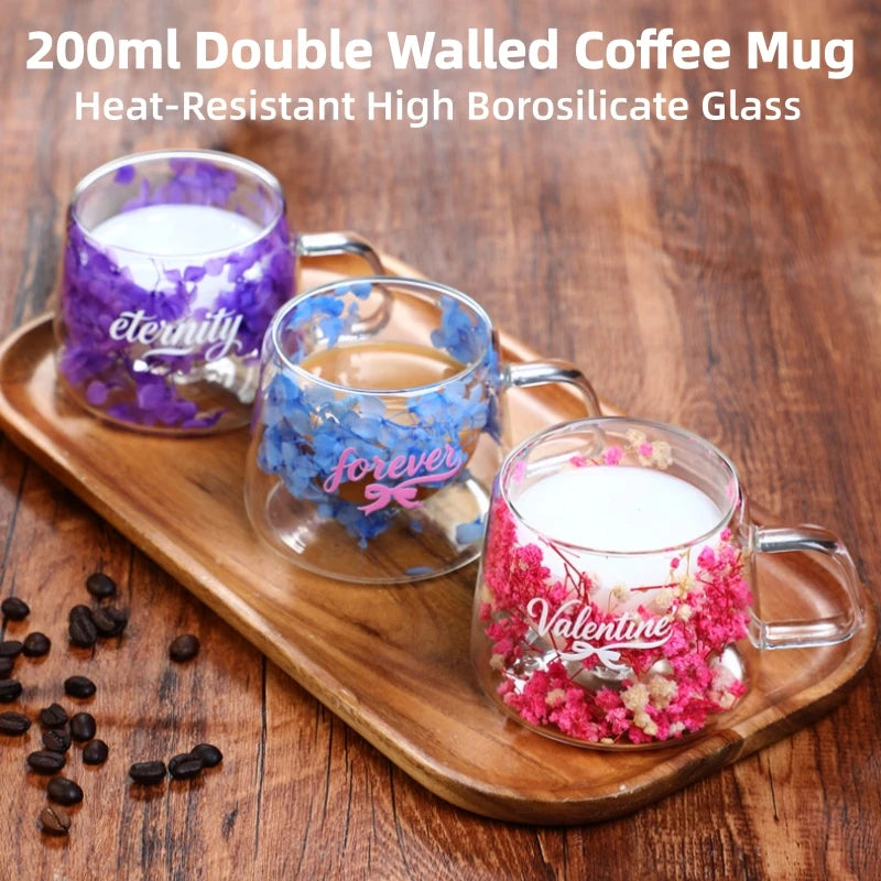 200ml Double Walled Glass Mug Cup Coffee Mug with Dry Flowers Decorative Creative Flower Mug Home Water Cup Drinking Glasses Oasis Select