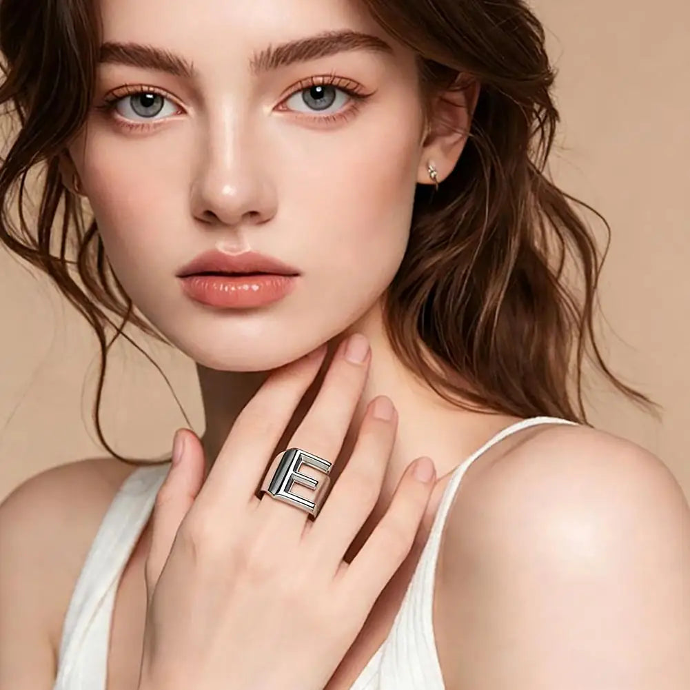 A-Z Initial Letter Ring – Adjustable Silver Open Ring for Women
