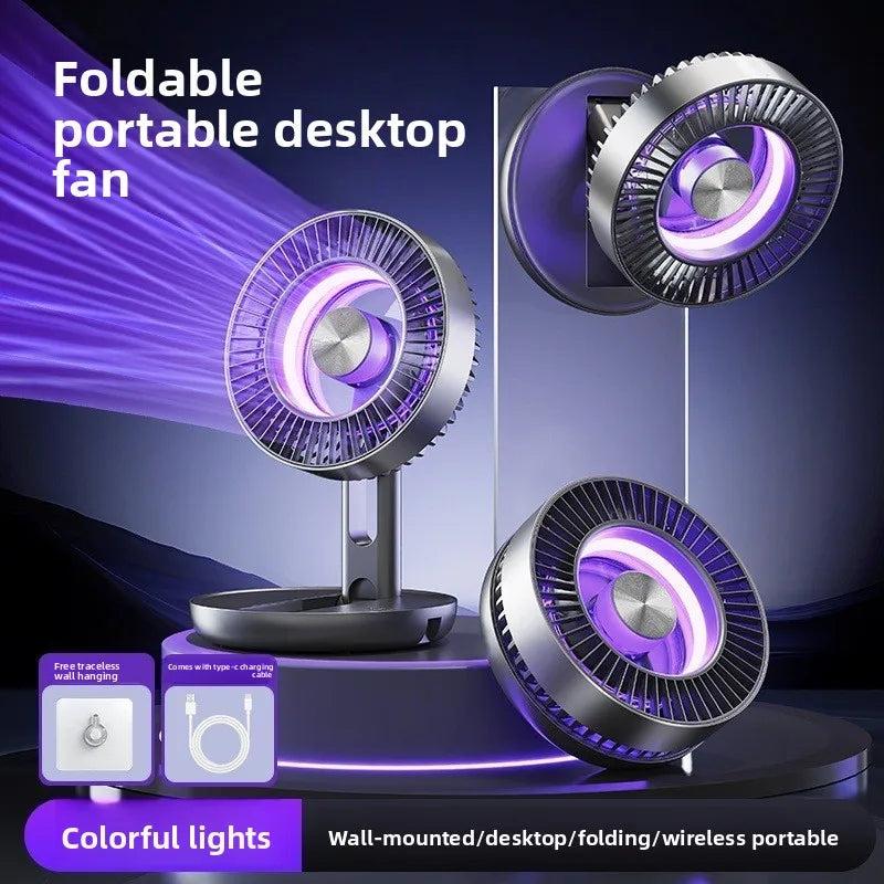 Foldable Desktop & Wall Fan with Colorful LED Lights | USB