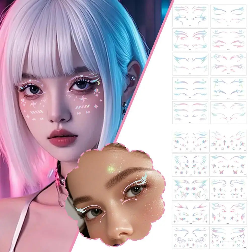 Laser Face Stickers Tattoo Waterproof Temporary Tattoo Eye Decal Glitter Makeup Sticker For Women Party Dance Music Festiva L6E3 Oasis Select
