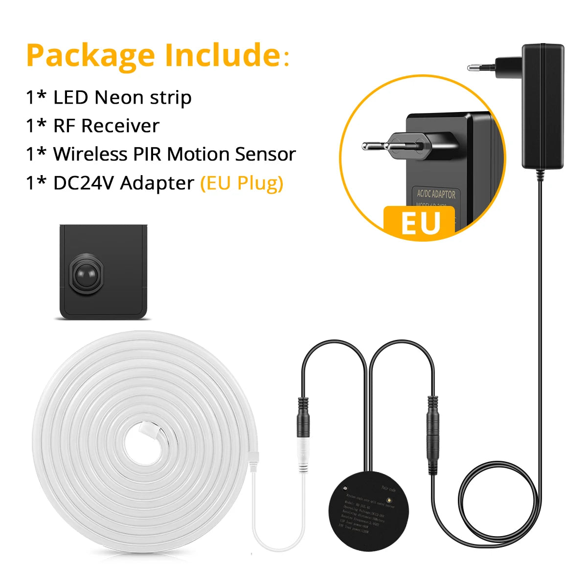 2M/5M/10M PIR Motion Sensor LED Neon Strip DC24V High Quality Real Silicone Tape Smart Induction NightLamp for Bed Stair Hallway Oasis Select 1xSensor EU Plug Warm White 5m