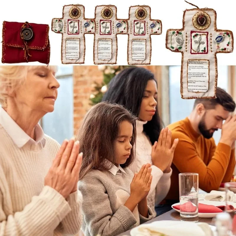 Cross Knit Prayer Pocket Shrine with Silver Cross Inside Christian Holy Storage Bag Home Decoration Faith Based Gift Oasis Select