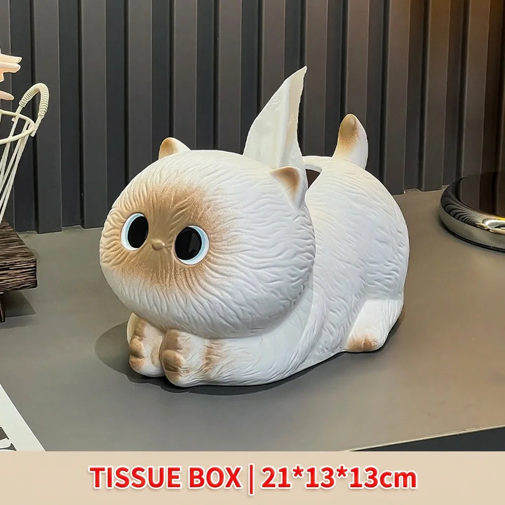 Cute Cat Ceramic Tissue Box Holder, Kawaii Cartoon Animal Napkin Dispenser, Creative Desktop Organizer for Home Office D Oasis Select Beige Brown
