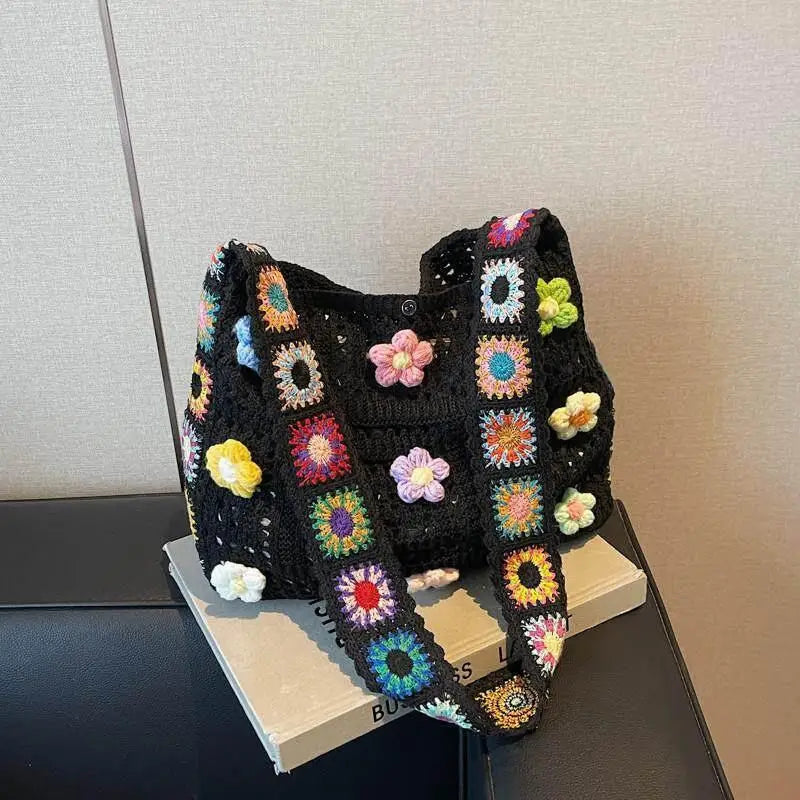 Women's Crochet Bag Designer Flowers Knitted Handbags Large Capacity Summer Beach Woven Shoulder Bag Girls Tote Shopper Bag Oasis Select Black