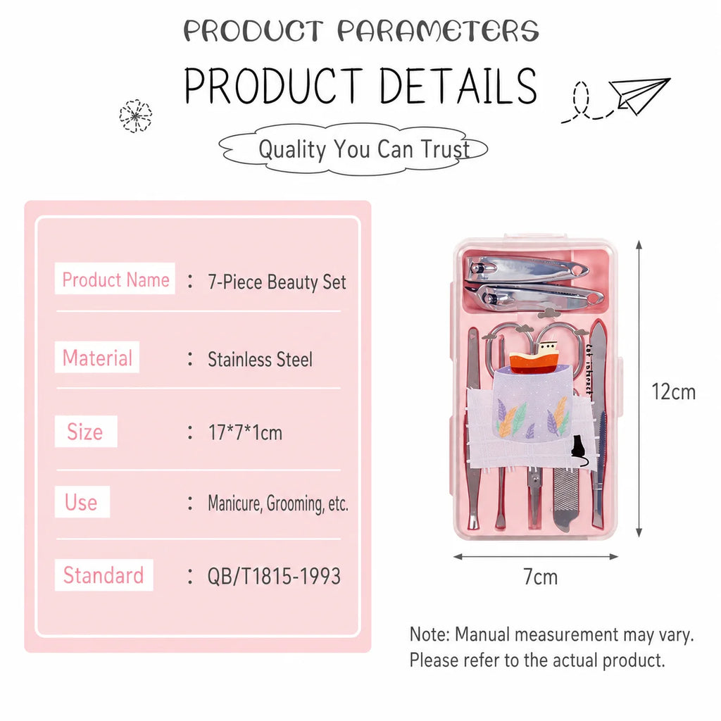 7-Piece Cute Cartoon Manicure Kit – Stainless Steel Nail Care Set