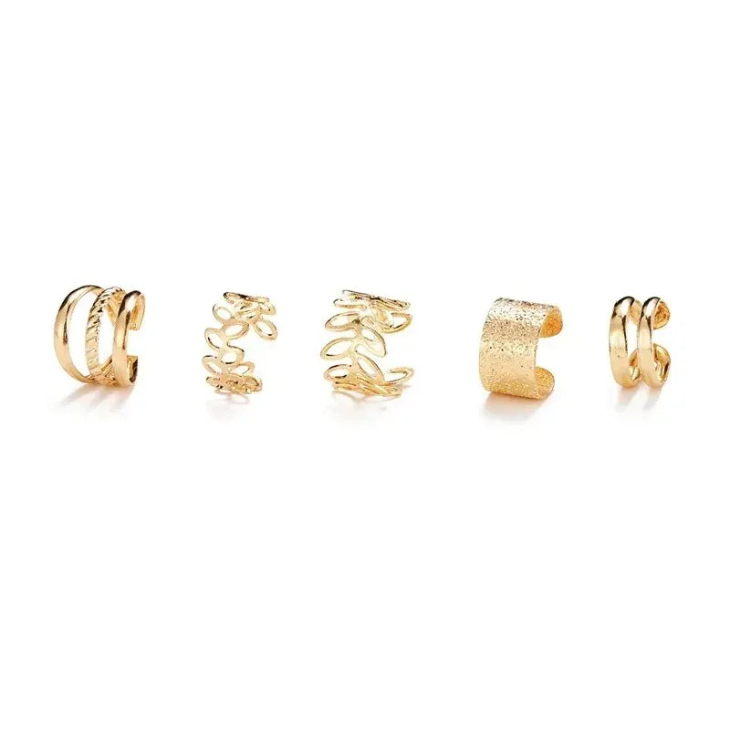 5-Piece Silver Leaf Clip Earring Set – Non-Piercing Ear Cuffs