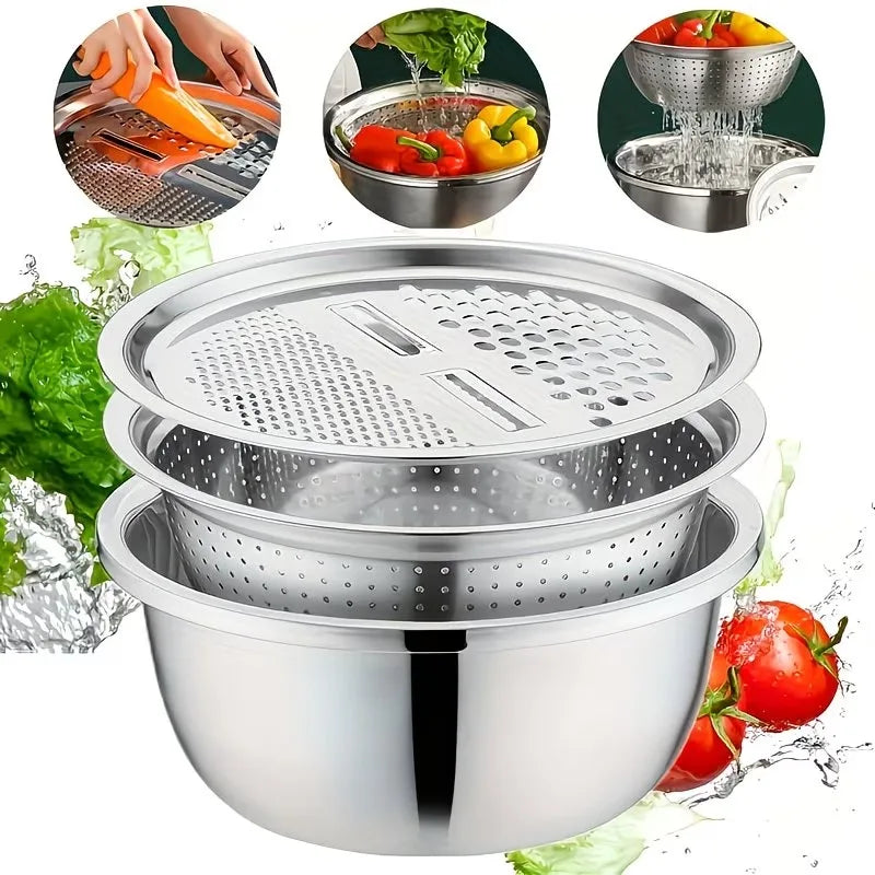 3-in-1 Stainless Steel Grater Bowl with Colander & Slicer
