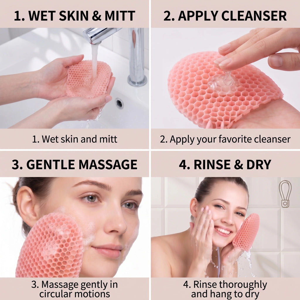 Honeycomb Exfoliating Shower Finger Caps, available in multiple colors, cleanses the skin and is safe, breathable and odorless. Oasis Select