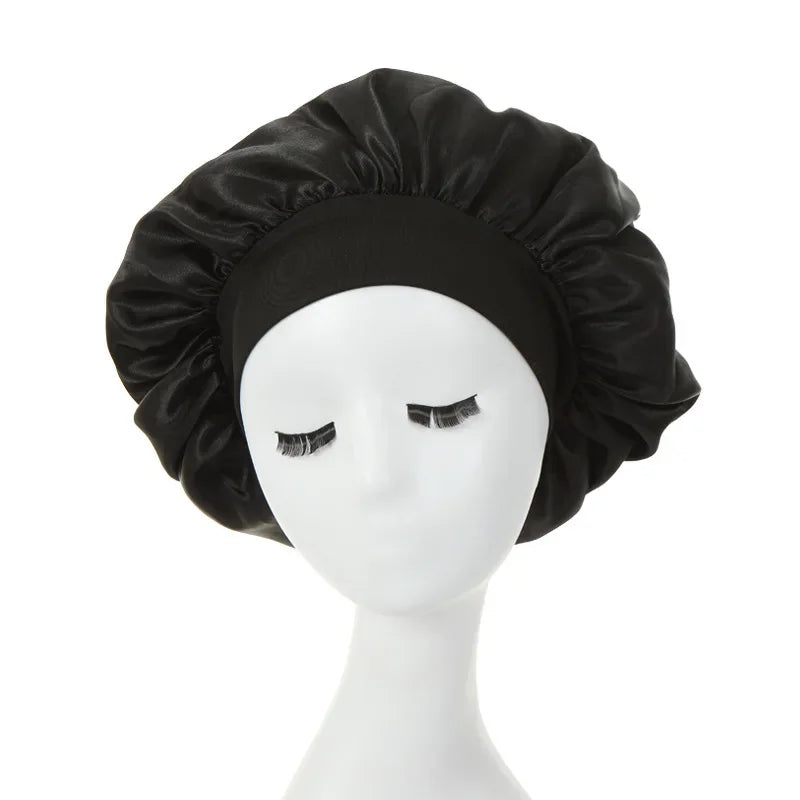 1pc Night Sleep Caps with Wide Elastic Band, Silk Wrap, Soft Head Cover Sleeping Hat for Women and Girls Curly Hair Oasis Select black