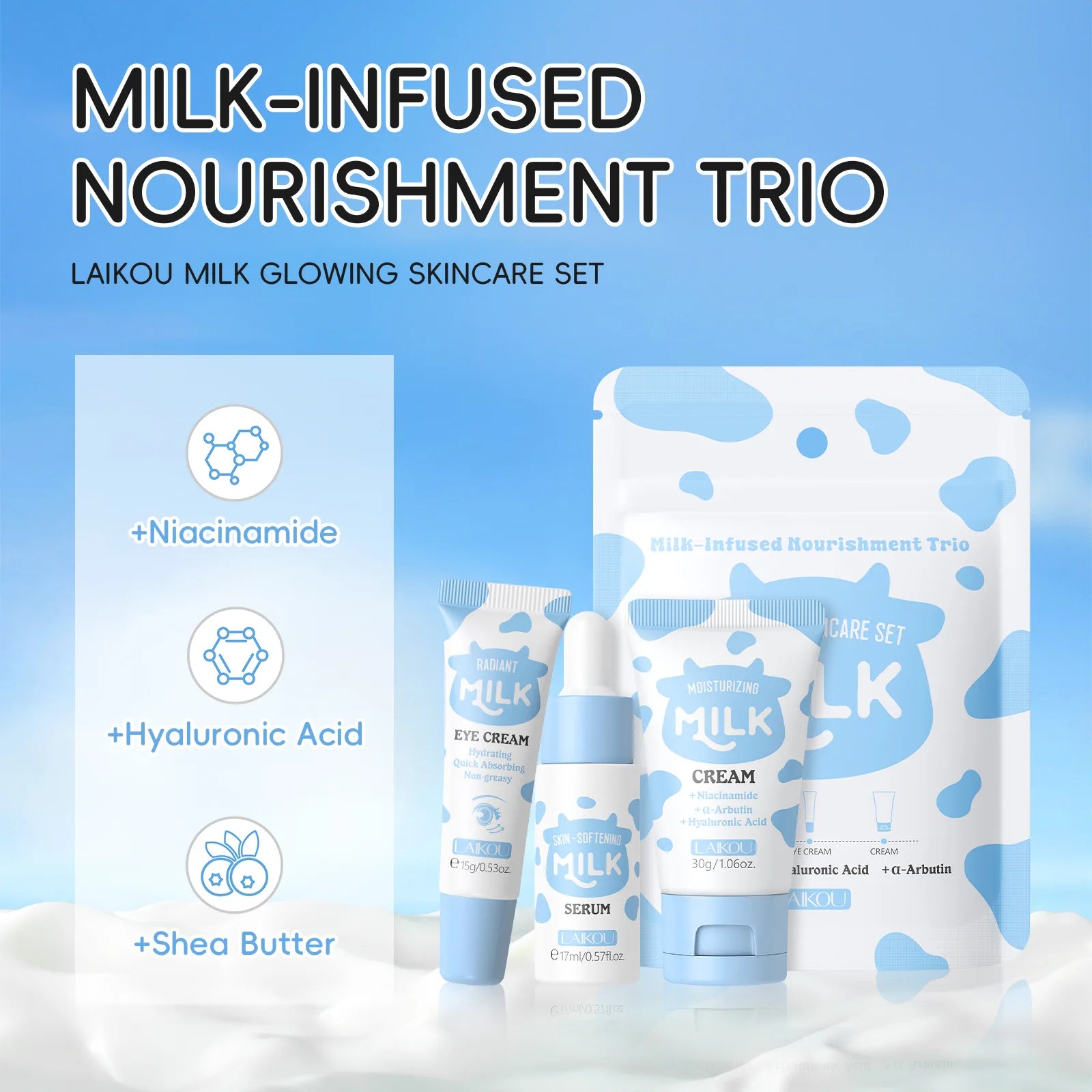 LAIKOU Milk 3pcs Travel Skin Care Set Niacinamide Hyaluronic Acid Serum Eye Cream Moisturizer Hydrating Brightening Glow Skin Oasis Select
