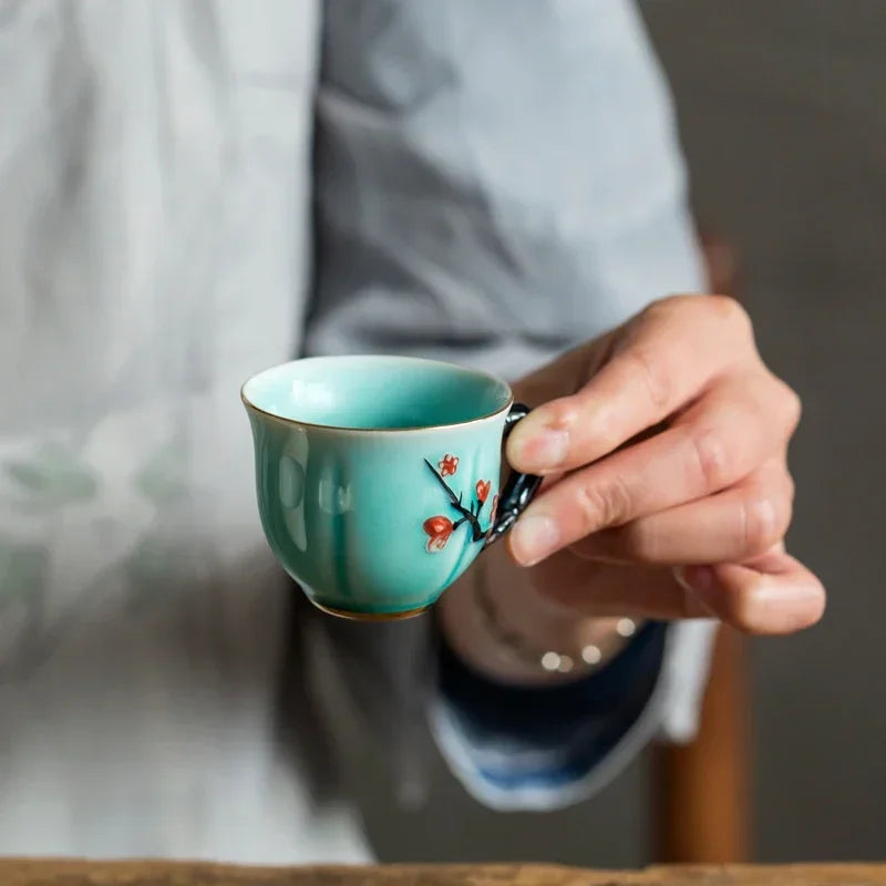 Chinese Handmade Plum Pattern Ceramic Tea Cup Small Coffee Cups with Handle China Porcelain Mugs Tea Set Oasis Select