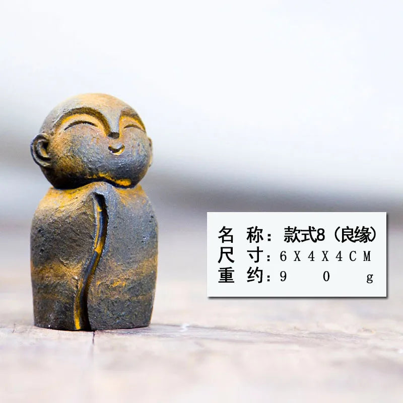 Zen Creative Cute Little Monk Buddha Statue Ornament Home Living Room Tea Play Desktop Imitation Cast Iron Handmade Craft Oasis Select - Rusty Version 2