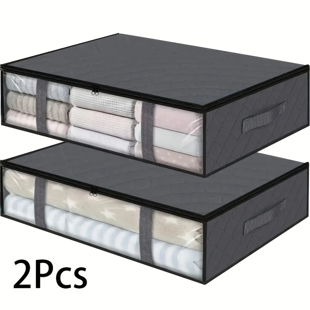 2pcs Large Under Bed Storage Bags Non-woven Clothes Organizer Clear Window Reinforced Handles for Comforters Blankets Bedding Oasis Select