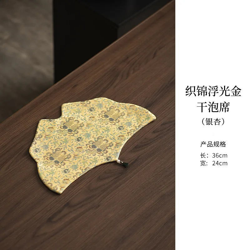Chinese Zen-style Satin Tea Mat, High-end Women's Tea Table Mat, Double-sided Floral Dry Tea Mat, Teapot Mat, Table Runner Oasis Select Dry Tea Mat Ginkgo New model