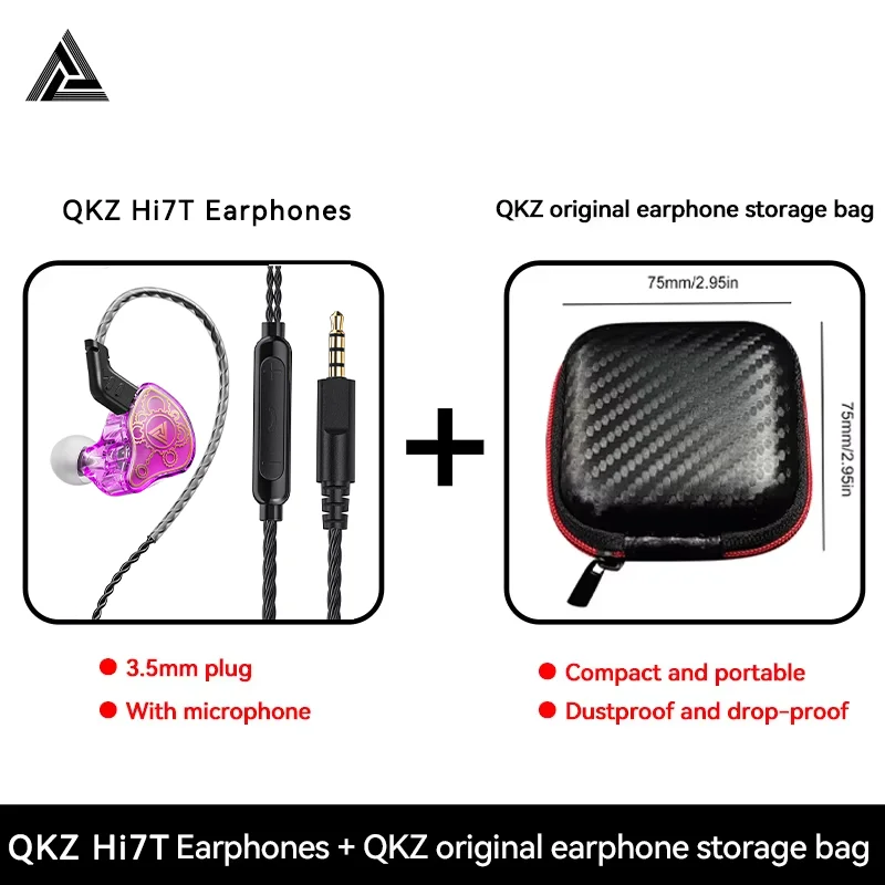 Original QKZ Hi7T In-ear Earphones Professional Dynamic Driver HiFi Acoustios Mointor Music Game Headset 3.5MM AUX With MIC Oasis Select Purple With Bag
