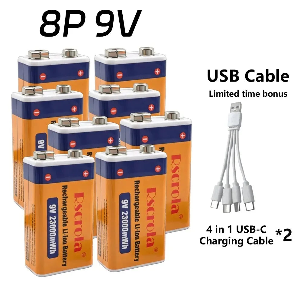 Rscrola 9V USB-C Rechargeable Battery 23600mWh Li-ion Constant Voltage for Guitar Pedal Smoke Detector Multimeter, Long Life Wit Oasis Select 8 PCS Batteries 9v