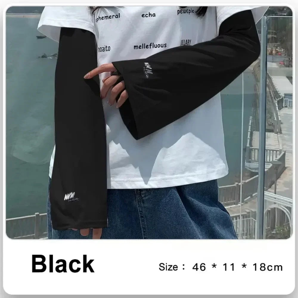 1 Pair Lightweight Sun Protection Arm Covers Loose Fit Cool Ice Silk Arm Guard Cuff Polyester Solid Color Ice Sleeve Oasis Select Black