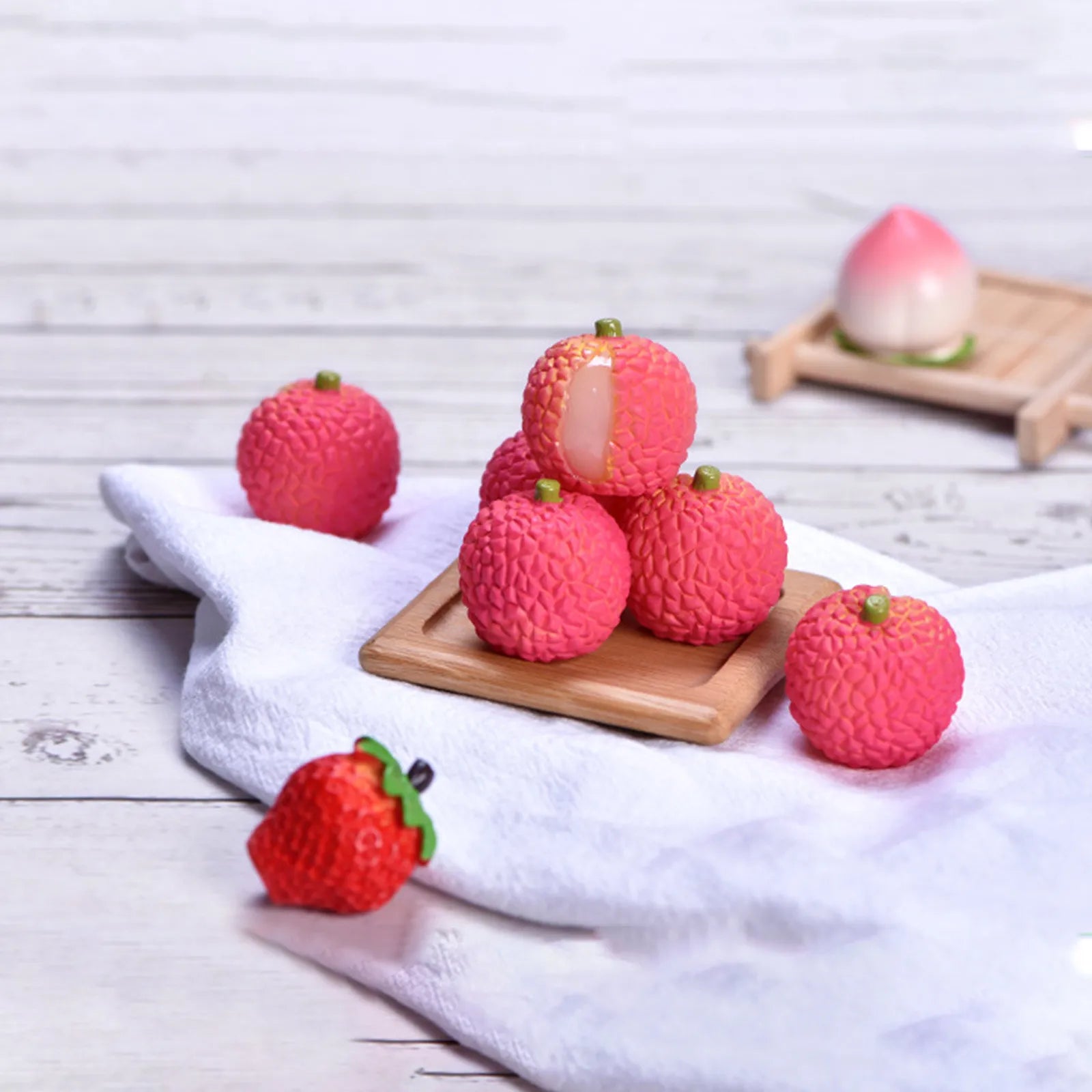 Miniature Resin Fruit Figurines – Litchi & Strawberry Desk Decor Miniature Figurine Oasis Select