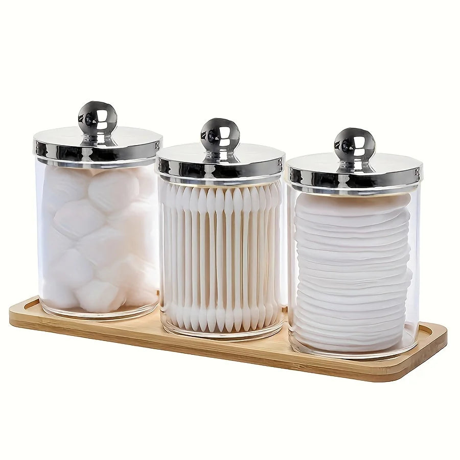 3 Piece Bathroom Organizer - Cotton Swab Holder, Acrylic Apothecary Jar with Lid, Round Cotton Swab Dispenser for Floss Oasis Select Silver