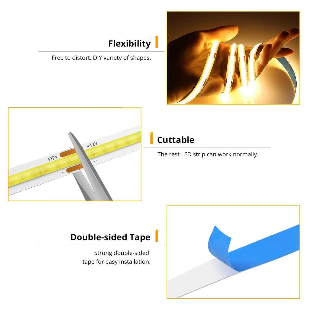 Flexible FCOB COB LED Strip Light 320LEDs/m DC12V 8MM Lamp Tape CRI90 Led Lights for Room Kitchen Decor DC Female Port Only Tape Oasis Select