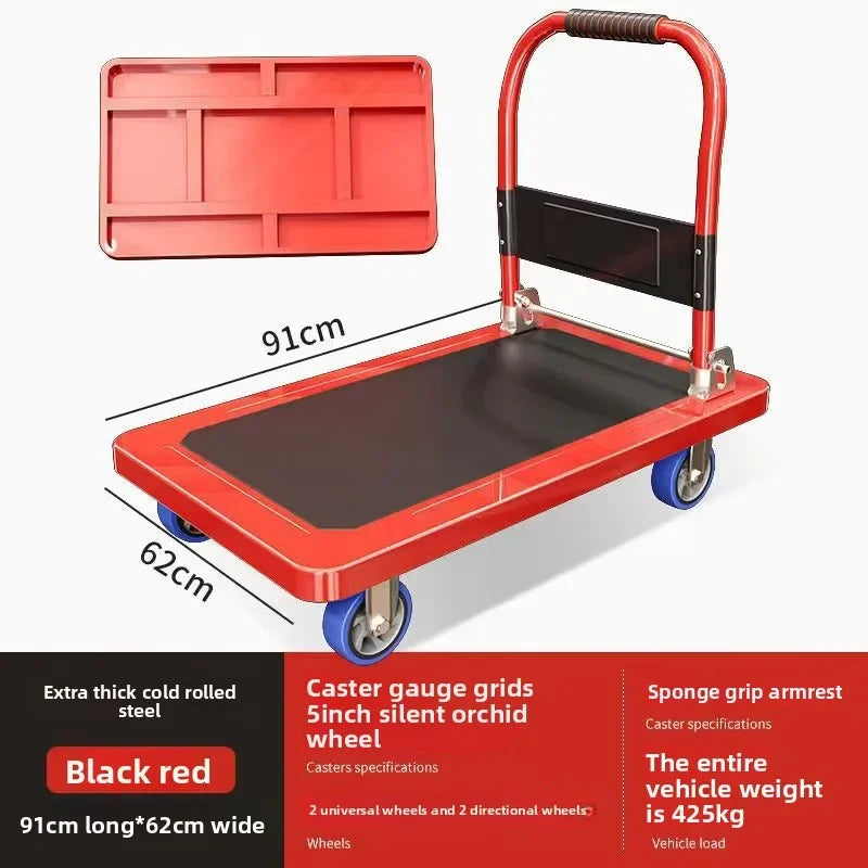 Multi-functional Color steel plate trolley Pull goods trolley Pallet flatcar Portable folding silent Oasis Select Red E