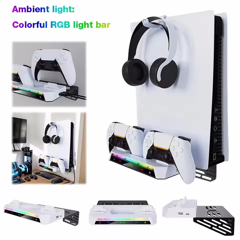 PS5 Wall Mount Stand | Dual Controller Charger & RGB Lights