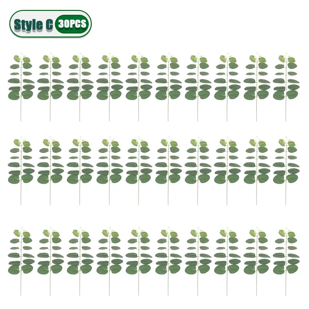 10-100PCS 3 Kinds Eucalyptus Leaves Artificial Silver Dollar Leaves Picks Dried Eucalyptus Home Decoration Party Decoration Oasis Select Style C-30PCS