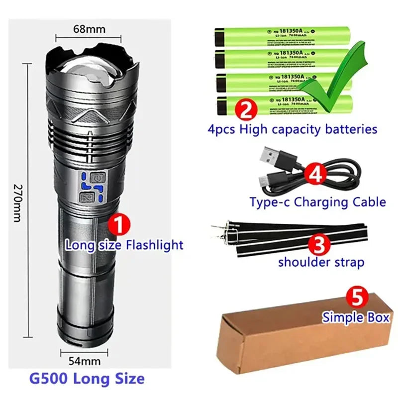High Power Led Flashlight Super Bright Long Range Torch Rechargeable Ultra Powerful Outdoor Tactical Hand Lamp Camping Lantern Oasis Select G500 simple box
