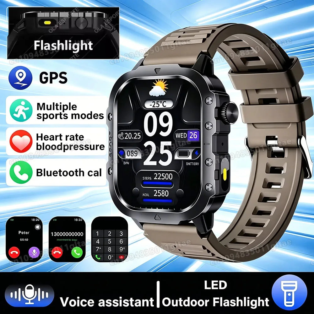 Military-Grade Smartwatch – Bluetooth Call, Flashlight & 100+ Sports