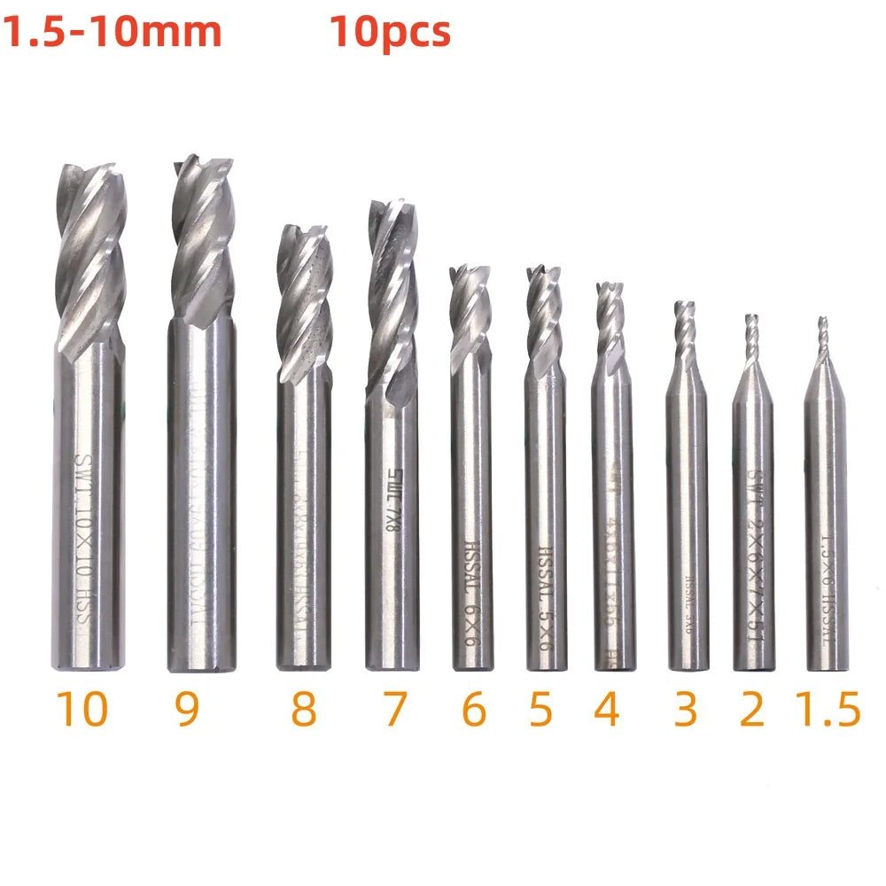 7–10 Pc 4-Flute Titanium HSS End Mill Set 1.5–10mm CNC Router CNC End Mill Set Oasis Select 1.5-10mm(10pcs)