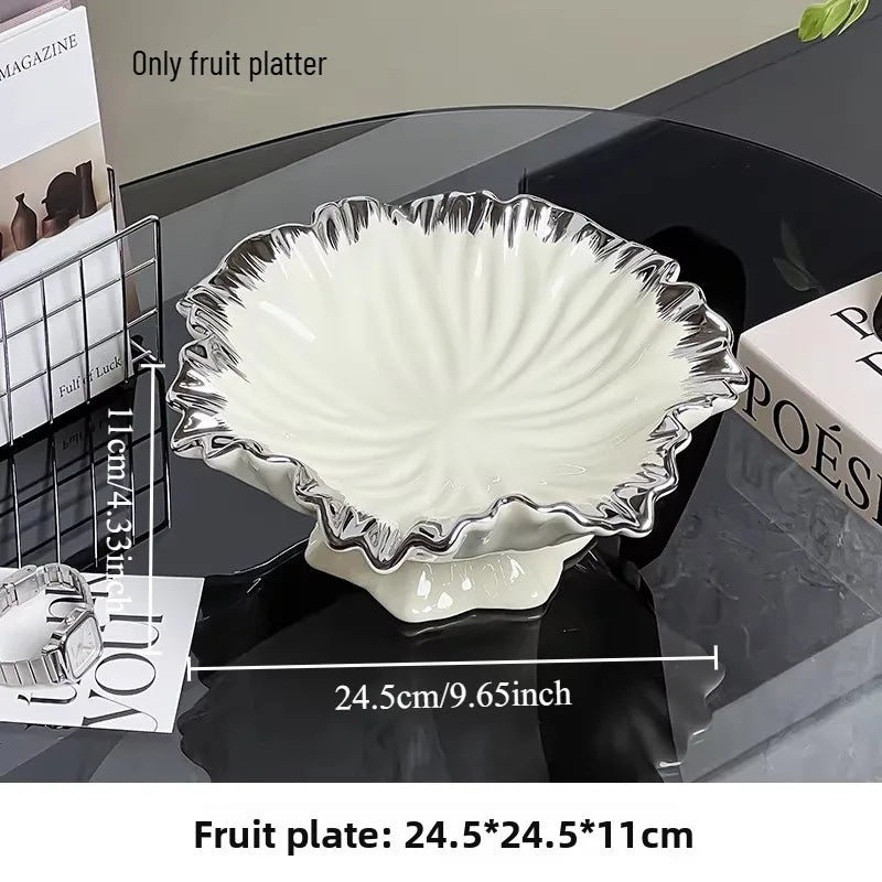 Ceramic High-end Fruit Tray Living Room Coffee Table Home Light Luxury Creative Lotus Leaf Candy Tray Oasis Select white silver plated