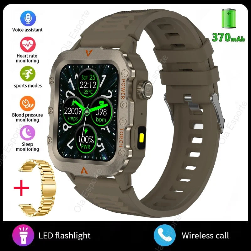 Rugged Military Smartwatch – Bluetooth Call, AI Voice, IP68 Sport