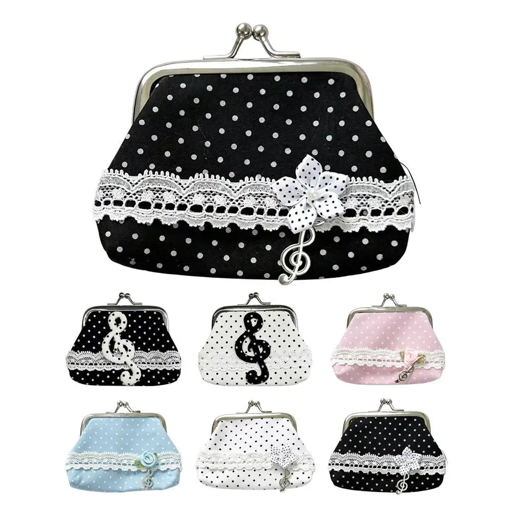 Retro Mini Pouch Polka Dot Coin Bag Women's Small Wallet Lace Decor Music Note Pendant Portable Storage Organizer Oasis Select
