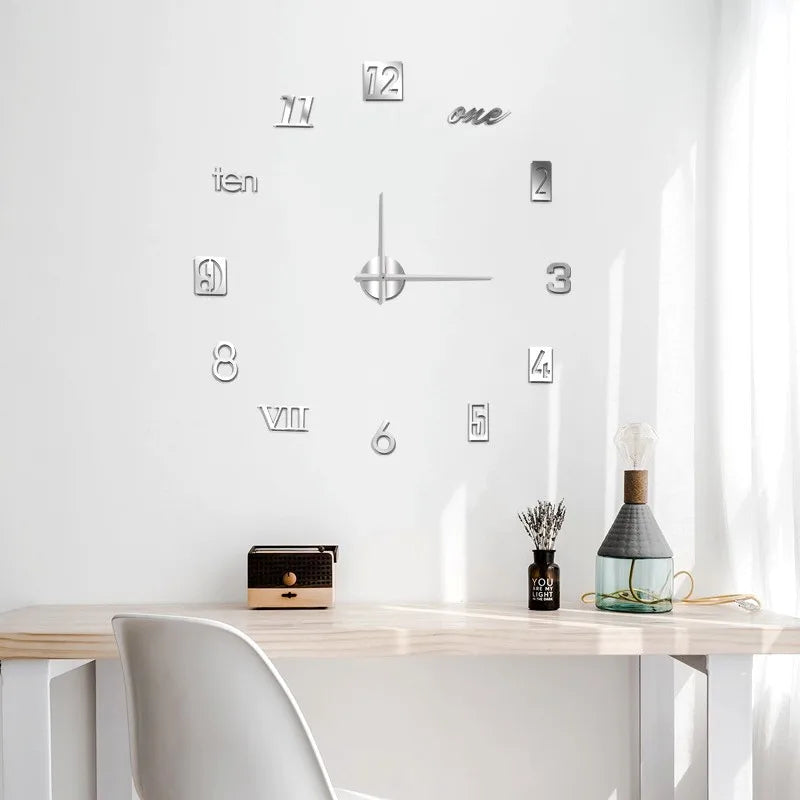 Creative Luminous Silent Wall Clock DIY Living Room Bedroom Three-dimensional Decorative Digital Clock Acrylic Wall Home Decor Oasis Select Silver-40CM