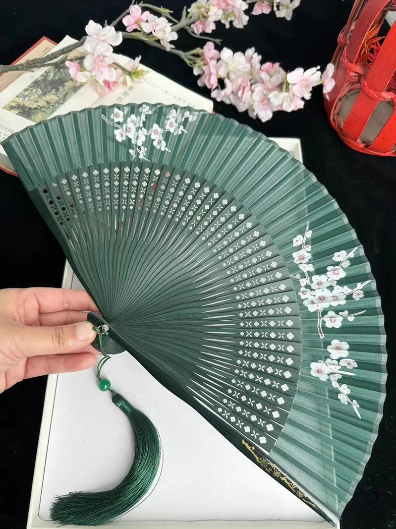 Antique Retro Portable Green Folding Fan Women's Portable Hanfu Cheongsam Folding Small Classical Dance Fan Chinese Fan Oasis Select