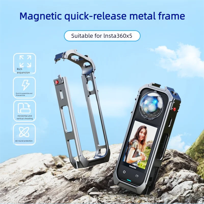 Insta360 X5 Aluminum Cage – Magnetic Base Metal Frame Case