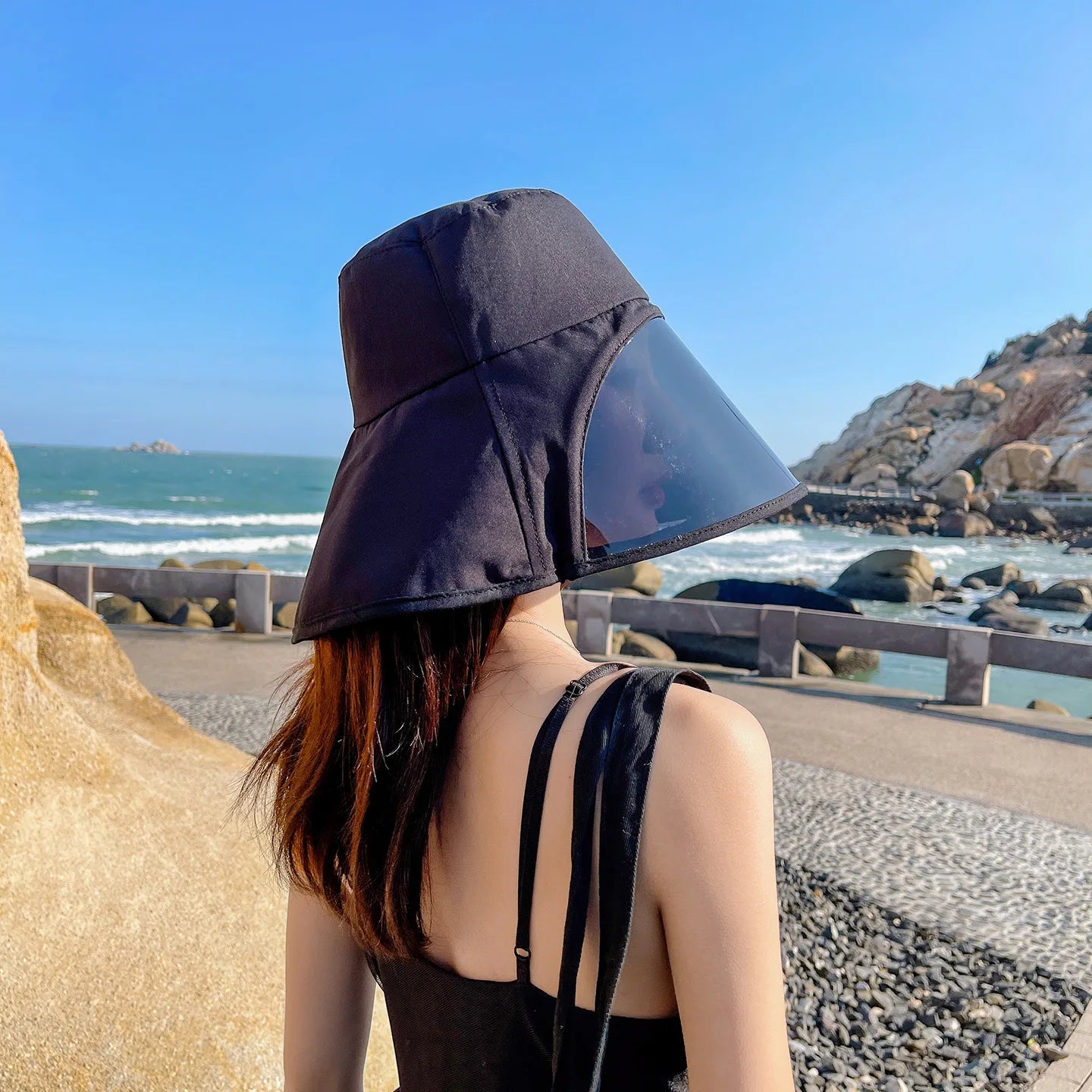 Wide Brim Full Face Cover Bucket Hat for Women Summer Beach Sun Hat with UV Protection Visor Flap Fisherman Cap Outdoor Sports Oasis Select Black M 56-58cm