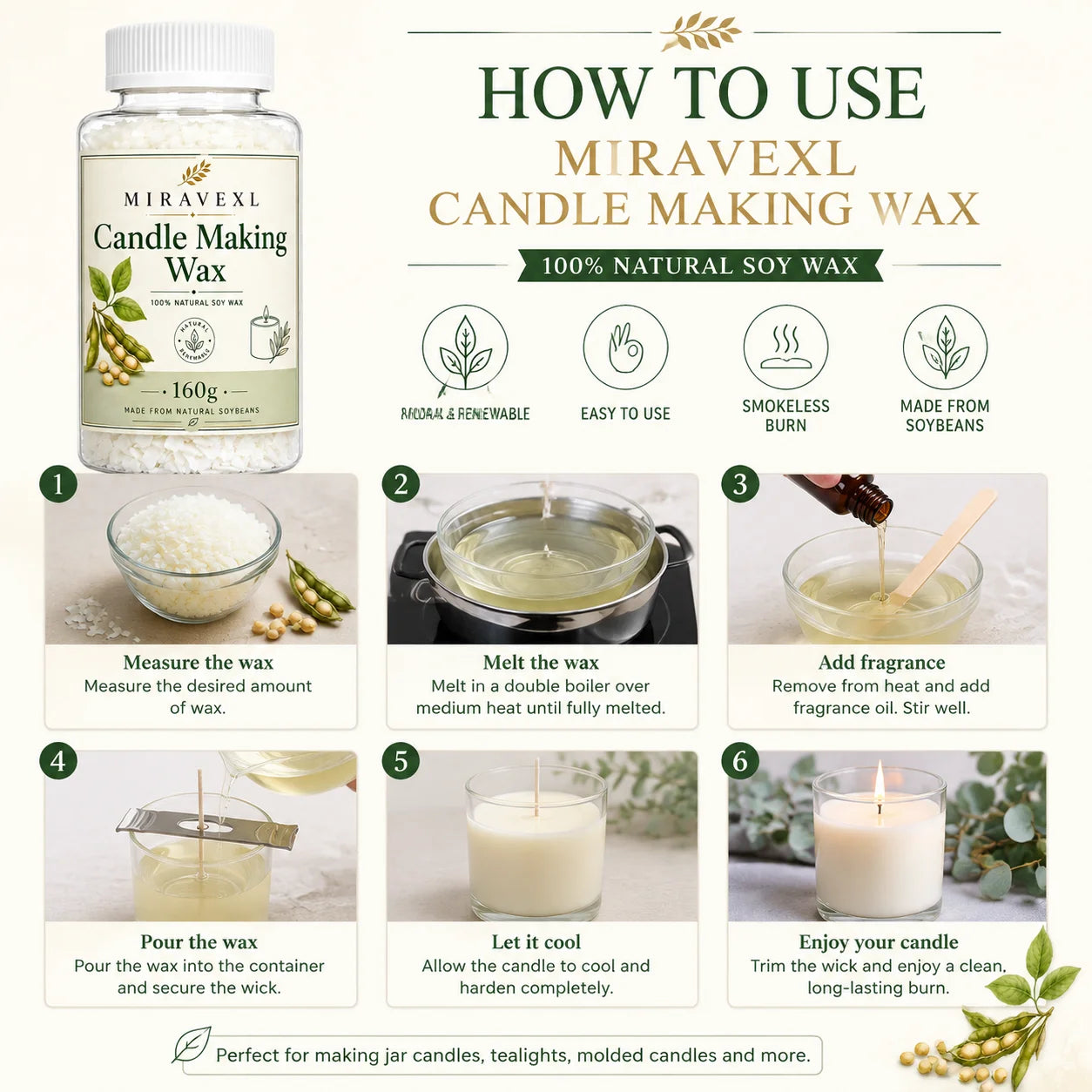 MIRAVEXL Soy Candle Wax 160g or Pearl Powder, DIY Wax Flakes and Shimmer Pigment for Candle Making, Wax Melts Home Crafts Supply Oasis Select