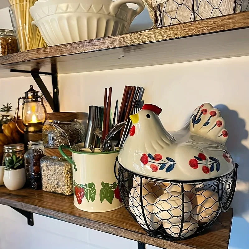 1pc Farmhouse Hen-Shaped Ceramic Egg Baske -Ceramic Egg Holder with Lid,Rustic Kitchen Organizer for Fruits/Veggies Oasis Select